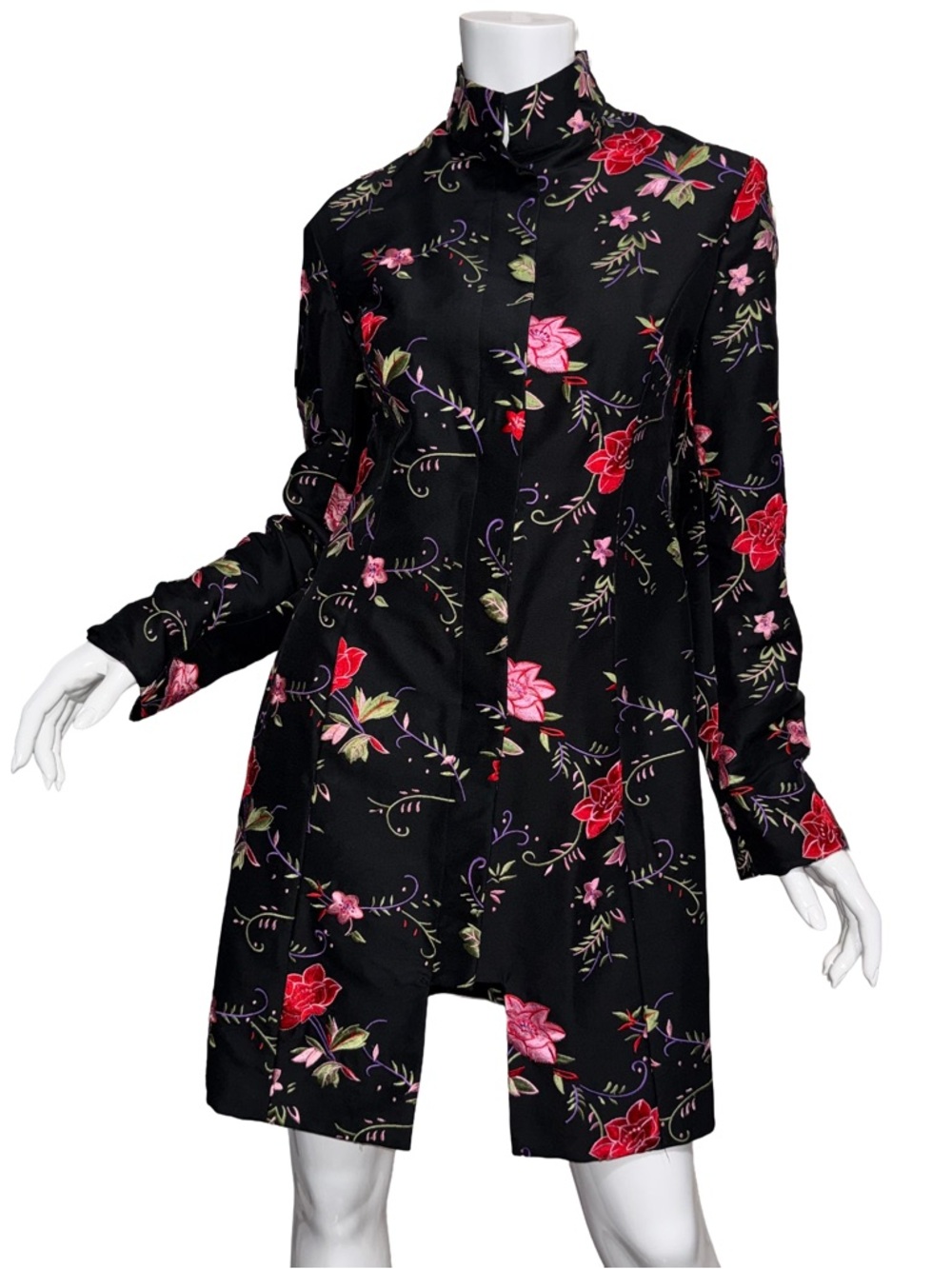 Y2K Black Silk Floral Statement Mandarin Collar Trench Jacket Indie Romantic